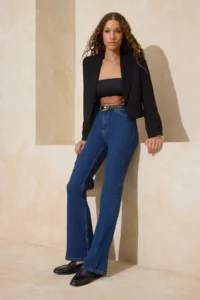 TRENDYOLMİLLA Dark Blue High Waist Less Flexible flared leg Flare jeans - Image 2