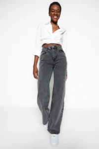 TRENDYOLMİLLA Anthracite High Waist Wide Leg Wide Leg 100% Cotton Non-Stretch jeans