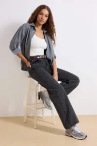 TRENDYOLMİLLA Anthracite High Waist Wide Leg Wide Leg 100% Cotton Non-Stretch jeans - Image 2