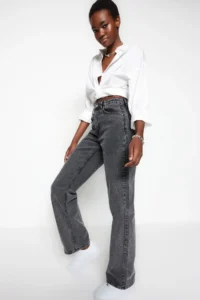 TRENDYOLMİLLA Anthracite High Waist Wide Leg Wide Leg 100% Cotton Non-Stretch jeans - Image 7