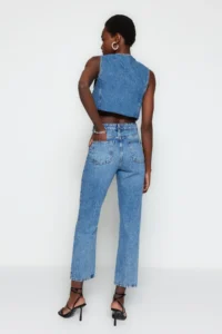 TRENDYOLMİLLA Mavi High Waist Plain Kesim Straight 100% Cotton Non-Stretch jeans - Image 6