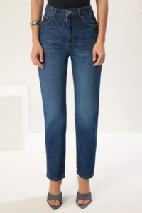 TRENDYOLMİLLA Dark Blue High Waist Plain Kesim Straight 100% Cotton Non-Stretch jeans - Image 3