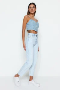 TRENDYOLMİLLA Light Blue High Waist Less Flexible Mom Cut Hem jeans - Image 2