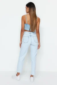 TRENDYOLMİLLA Light Blue High Waist Less Flexible Mom Cut Hem jeans - Image 3
