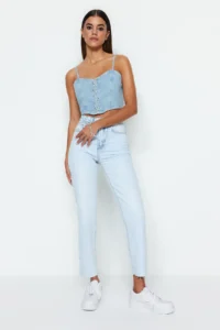 TRENDYOLMİLLA Light Blue High Waist Less Flexible Mom Cut Hem jeans - Image 6