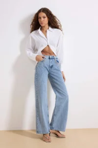 TRENDYOLMİLLA Mavi Stone Accessory Detailed High Waist Wide Leg jeans