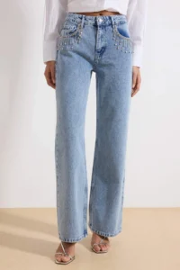 TRENDYOLMİLLA Mavi Stone Accessory Detailed High Waist Wide Leg jeans - Image 3
