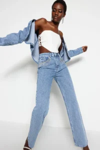 TRENDYOLMİLLA Mavi Stone Accessory Detailed High Waist Wide Leg jeans - Image 5