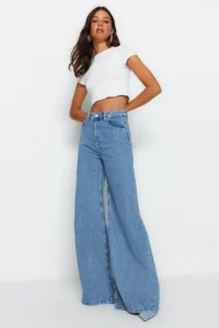 TRENDYOLMİLLA Mavi High Waist Ekstra Wide Leg Palazzo Pants Wide Leg 100% Cotton Non-Stretch jeans