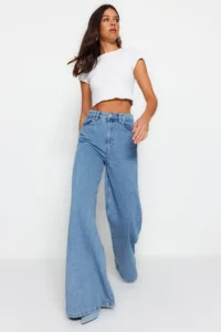 TRENDYOLMİLLA Mavi High Waist Ekstra Wide Leg Palazzo Pants Wide Leg 100% Cotton Non-Stretch jeans - Image 2