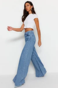 TRENDYOLMİLLA Mavi High Waist Ekstra Wide Leg Palazzo Pants Wide Leg 100% Cotton Non-Stretch jeans - Image 3