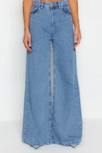 TRENDYOLMİLLA Mavi High Waist Ekstra Wide Leg Palazzo Pants Wide Leg 100% Cotton Non-Stretch jeans - Image 4