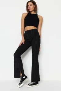 TRENDYOLMİLLA Black smart slit Flare/flared leg High Waist Striped Knitting Leggings Pants