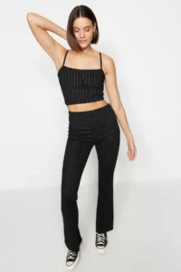 TRENDYOLMİLLA Black smart slit Flare/flared leg High Waist Striped Knitting Leggings Pants - Image 2