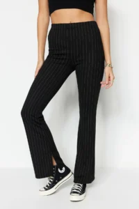 TRENDYOLMİLLA Black smart slit Flare/flared leg High Waist Striped Knitting Leggings Pants - Image 3