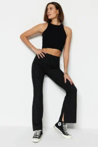 TRENDYOLMİLLA Black smart slit Flare/flared leg High Waist Striped Knitting Leggings Pants - Image 4