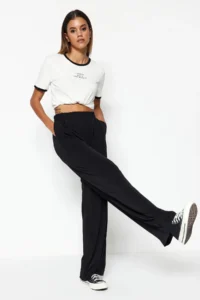 TRENDYOLMİLLA Black Wide Leg/Rahat Kesim High Waist Flexible Knitting Pants