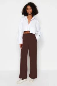 TRENDYOLMİLLA Brown Wide Leg/Rahat Kesim High Waist Flexible Pants - Image 4
