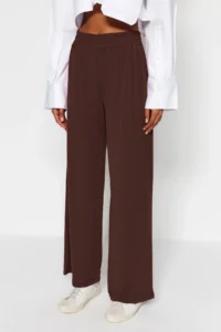 TRENDYOLMİLLA Brown Wide Leg/Rahat Kesim High Waist Flexible Pants - Image 5