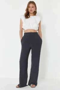 TRENDYOLMİLLA Anthracite Wide Leg/Rahat Kesim High Waist Flexible Pants - Image 3