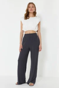 TRENDYOLMİLLA Anthracite Wide Leg/Rahat Kesim High Waist Flexible Pants - Image 5