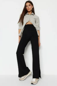 TRENDYOLMİLLA Black Side slit Flare/flared leg High Waist Knitting Pants - Image 4
