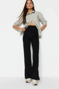TRENDYOLMİLLA Black Side slit Flare/flared leg High Waist Knitting Pants - Image 5