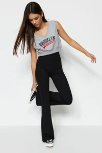 TRENDYOLMİLLA Black Ribbed Flare/flared leg High Waist Flexible Knitting Leggings Pants - Image 3