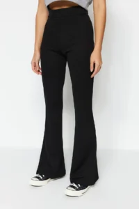 TRENDYOLMİLLA Black Ribbed Flare/flared leg High Waist Flexible Knitting Leggings Pants - Image 4