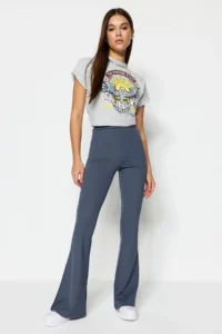 TRENDYOLMİLLA Anthracite Ribbed Flare/flared leg High Waist Flexible Knitting Leggings Pants