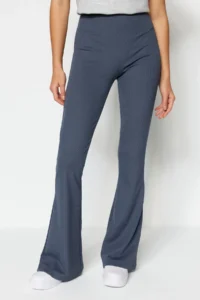 TRENDYOLMİLLA Anthracite Ribbed Flare/flared leg High Waist Flexible Knitting Leggings Pants - Image 3