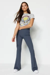 TRENDYOLMİLLA Anthracite Ribbed Flare/flared leg High Waist Flexible Knitting Leggings Pants - Image 4