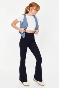 TRENDYOLMİLLA Navy Blue Ribbed Flare/flared leg High Waist Flexible Knitting Leggings Pants
