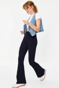 TRENDYOLMİLLA Navy Blue Ribbed Flare/flared leg High Waist Flexible Knitting Leggings Pants - Image 2