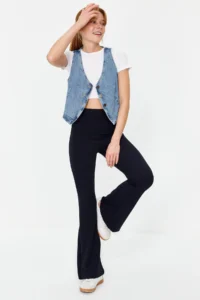 TRENDYOLMİLLA Navy Blue Ribbed Flare/flared leg High Waist Flexible Knitting Leggings Pants - Image 3