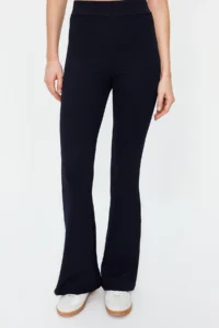 TRENDYOLMİLLA Navy Blue Ribbed Flare/flared leg High Waist Flexible Knitting Leggings Pants - Image 4