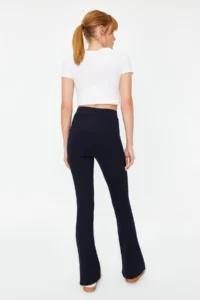 TRENDYOLMİLLA Navy Blue Ribbed Flare/flared leg High Waist Flexible Knitting Leggings Pants - Image 5
