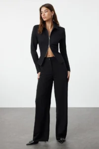 TRENDYOLMİLLA Black Wide Leg/Wide Leg High Waist Weaving Dress Pants