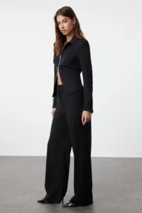 TRENDYOLMİLLA Black Wide Leg/Wide Leg High Waist Weaving Dress Pants - Image 2