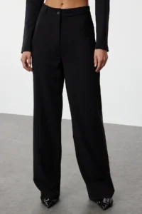 TRENDYOLMİLLA Black Wide Leg/Wide Leg High Waist Weaving Dress Pants - Image 3