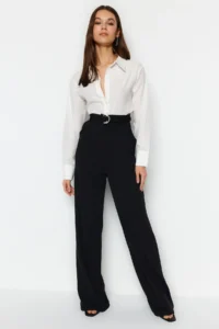 TRENDYOLMİLLA Black Arched Wideleg/Wide Leg Regular Waist smart Crepe Material Knitting Pants - Image 2