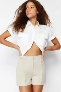 TRENDYOLMiLLA Beige Rib Detailed Weaving Shorts - Image 2