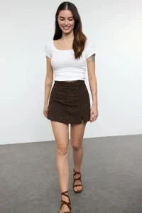 TRENDYOLMiLLA Multicolored Leopard Patterned slit Brown denim Shorts Skirt - Image 2