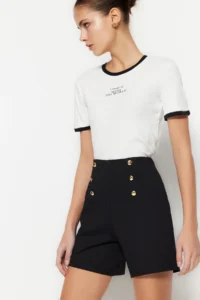 TRENDYOLMiLLA Black Gold Button Detailed High Waist interlock smart Knitting Shorts