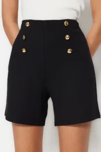 TRENDYOLMiLLA Black Gold Button Detailed High Waist interlock smart Knitting Shorts - Image 2