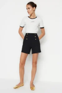 TRENDYOLMiLLA Black Gold Button Detailed High Waist interlock smart Knitting Shorts - Image 3