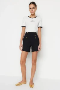 TRENDYOLMiLLA Black Gold Button Detailed High Waist interlock smart Knitting Shorts - Image 4