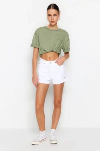 TRENDYOLMiLLA White Ripped Regular Waist Mini denim Shorts - Image 7