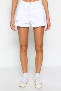 TRENDYOLMiLLA White Ripped Regular Waist Mini denim Shorts - Image 8