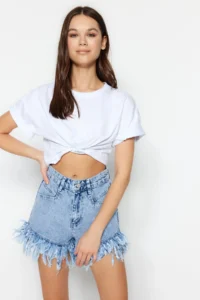TRENDYOLMiLLA Light Blue More Sustainable Tasseled High Waist Mini Denim Shorts